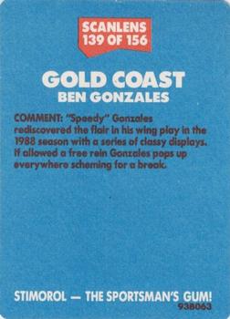 1989 Scanlens #139 Ben Gonzales Back